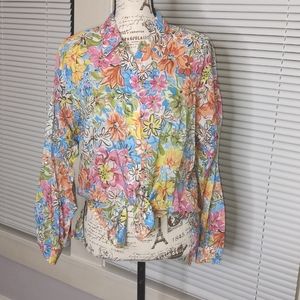 70's Floral Pattern Vintage Button Down Blouse Cotton Blend Cool & Comfo…